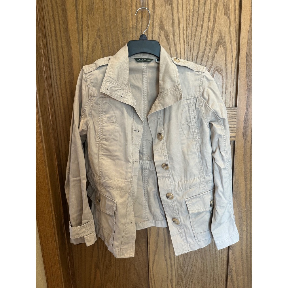 Eddie Bauer Womens Khaki Tan Cotton Utility Field Jacket Size M Epaulets Pocket